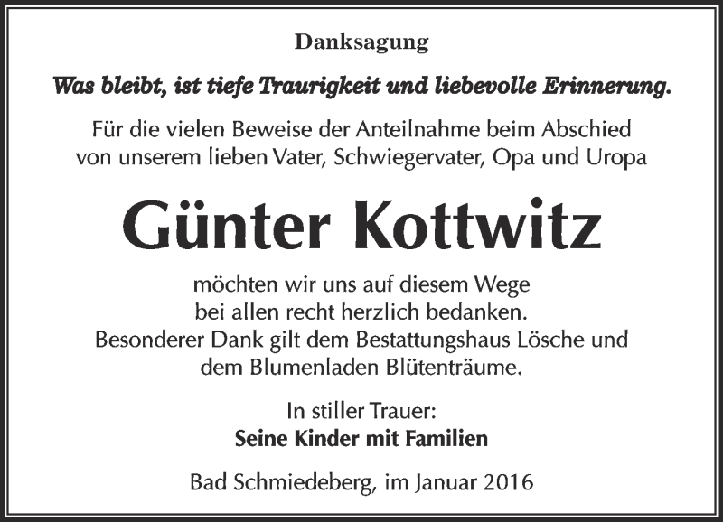  Traueranzeige für Günter Kottwitz vom 09.01.2016 aus WVG - Wochenspiegel Wittenberg