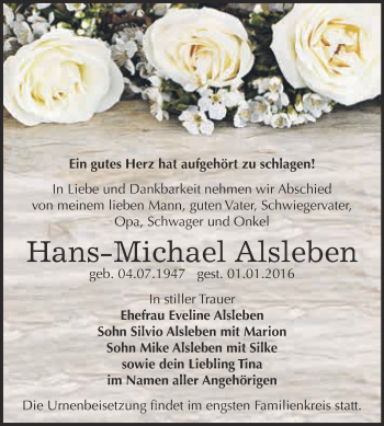 Traueranzeige von Hans-Michael Alsleben von WVG - Wochenspiegel Dessau / Köthen