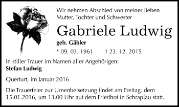 Traueranzeige von Gabriele Ludwig von Mitteldeutsche Zeitung Merseburg/Querfurt