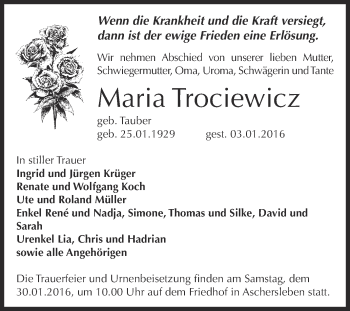 Traueranzeige von Maria Trociewicz von Super Sonntag Aschersleben