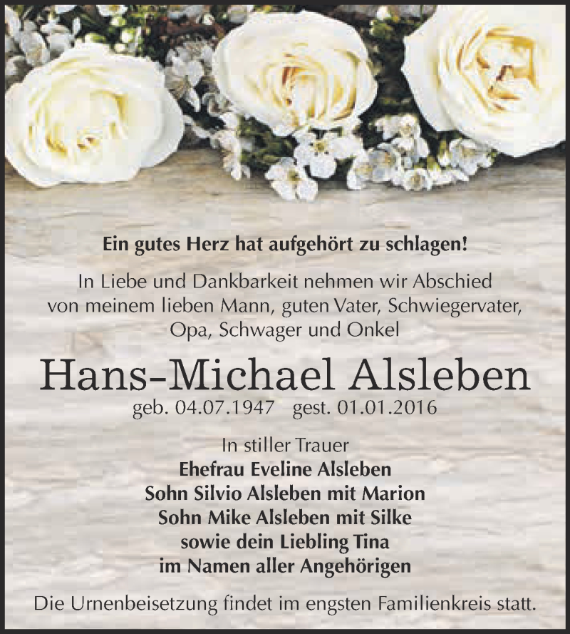  Traueranzeige für Hans-Michael Alsleben vom 09.01.2016 aus WVG - Wochenspiegel Dessau / Köthen