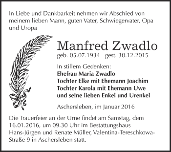 Traueranzeige von Manfred Zwadlo von Super Sonntag Aschersleben