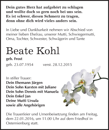 Traueranzeige von Beate Kohl von Mitteldeutsche Zeitung Köthen