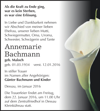 Traueranzeige von Annemarie Bachmann von WVG - Wochenspiegel Dessau / Köthen