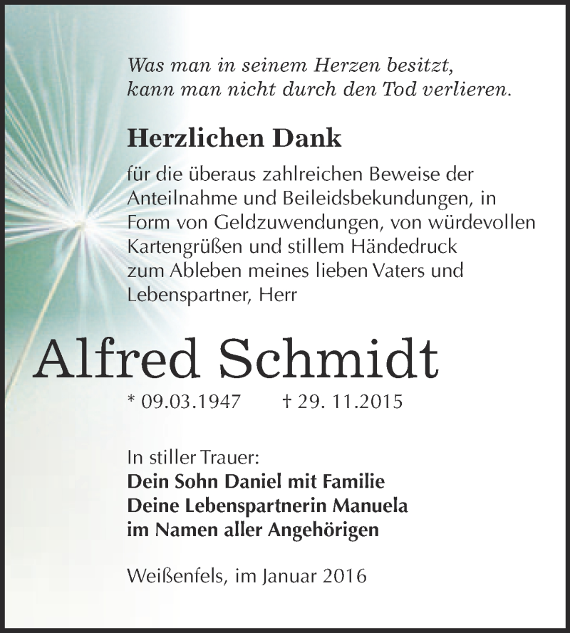  Traueranzeige für Alfred Schmidt vom 13.01.2016 aus WVG - Wochenspiegel NMB / WSF / ZTZ