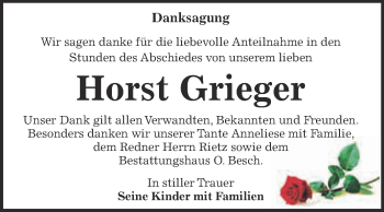 Traueranzeige von Horst Grieger von WVG - Wochenspiegel Dessau / Köthen