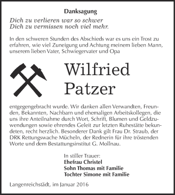 Traueranzeige von Wilfried Patzer von WVG - Wochenspiegel Merseburg