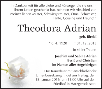 Traueranzeige von Theodora Adrian von Mitteldeutsche Zeitung Quedlinburg