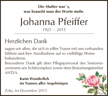 Traueranzeige von Johanna Pfeiffer von Super Sonntag Zeitz