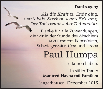 Traueranzeige von Paul Humpa von Mitteldeutsche Zeitung Sangerhausen