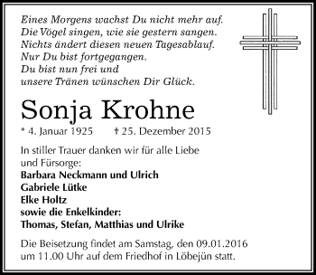 Traueranzeige von Sonja Krohne von Mitteldeutsche Zeitung Halle/Saalkreis