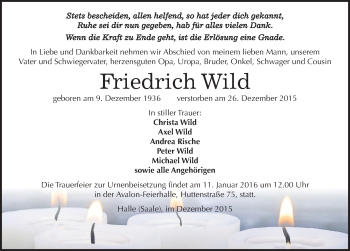 Traueranzeige von Friedrich Wild von Mitteldeutsche Zeitung Halle/Saalkreis