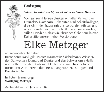 Traueranzeige von Elke Metzger von Super Sonntag Aschersleben