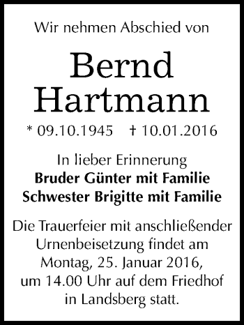 Traueranzeige von Bernd Hartmann von Mitteldeutsche Zeitung Halle/Saalkreis
