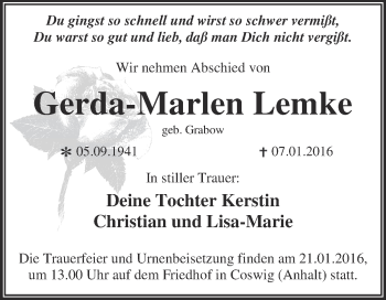 Traueranzeige von Gerda-Marlen Lemke von WVG - Wochenspiegel Dessau / Köthen