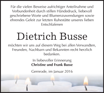 Traueranzeige von Dietrich Busse von WVG - Wochenspiegel Quedlinburg