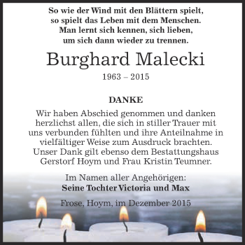 Traueranzeige von Burghard Malecki von Super Sonntag Aschersleben