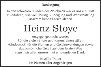 Traueranzeige von Heinz Stoye von WVG - Wochenspiegel Dessau / Köthen