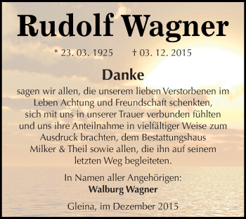 Traueranzeige von Rudolf Wagner von Super Sonntag Zeitz