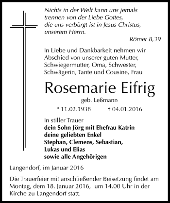 Traueranzeige von Rosemarie Eifrig von Mitteldeutsche Zeitung Zeitz