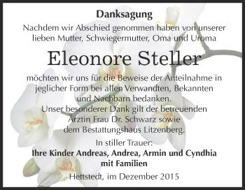 Traueranzeige von Eleonore Steller von Wochenspiegel Mansfelder Land
