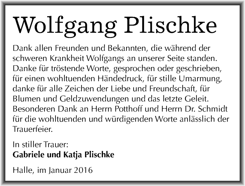  Traueranzeige für Wolfgang Plischke vom 02.01.2016 aus Mitteldeutsche Zeitung Halle/Saalkreis