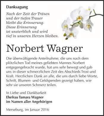 Traueranzeige von Norbert Wagner von WVG - Wochenspiegel Merseburg