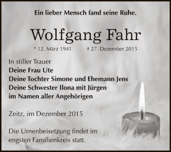 Traueranzeige von Wolfgang Fahr von Super Sonntag Zeitz