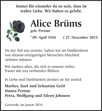 Traueranzeige von Alice Brüms von Mitteldeutsche Zeitung Quedlinburg