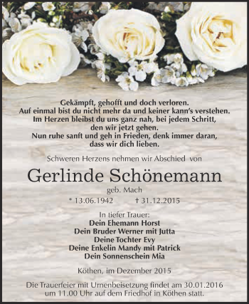 Traueranzeige von Gerlinde Schönemann von WVG - Wochenspiegel Dessau / Köthen