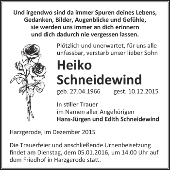 Traueranzeige von Heiko Schneidewind von Super Sonntag Quedlinburg