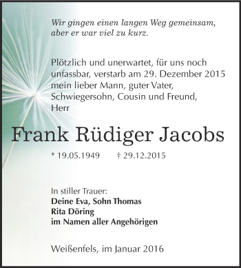 Traueranzeige von Frank Rüdiger Jacobs von WVG - Wochenspiegel NMB / WSF / ZTZ