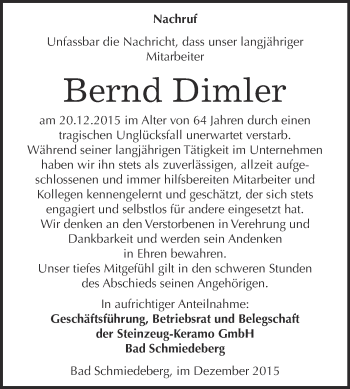 Traueranzeige von Bernd Dimler von WVG - Wochenspiegel Wittenberg
