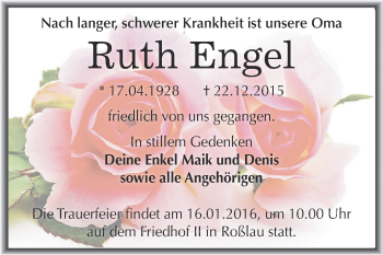 Traueranzeige von Ruth Engel von WVG - Wochenspiegel Dessau / Köthen