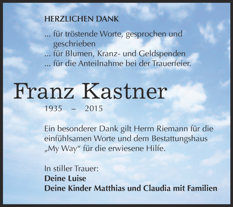  Traueranzeige für Franz Kastner vom 13.01.2016 aus WVG - Wochenspiegel NMB / WSF / ZTZ