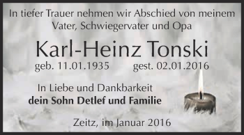 Traueranzeige von Karl-Heinz Tonski von Super Sonntag Zeitz