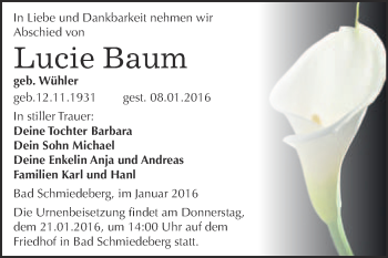 Traueranzeige von Lucie Baum von WVG - Wochenspiegel Wittenberg