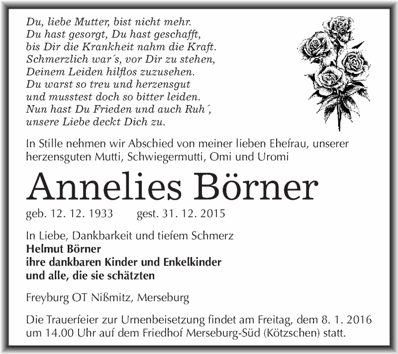  Traueranzeige für Annelies Börner vom 09.01.2016 aus WVG - Wochenspiegel Merseburg