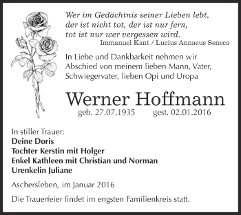 Traueranzeige von Werner Hoffmann von Super Sonntag Aschersleben