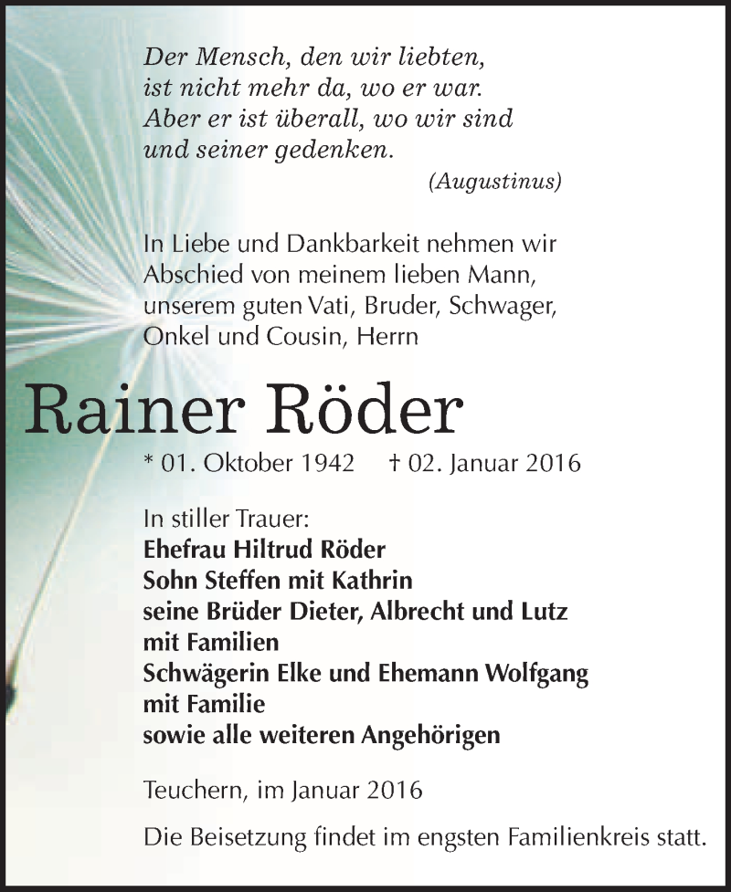  Traueranzeige für Rainer Röder vom 13.01.2016 aus WVG - Wochenspiegel NMB / WSF / ZTZ
