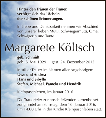 Traueranzeige von Margarete Költsch von WVG - Wochenspiegel Dessau / Köthen