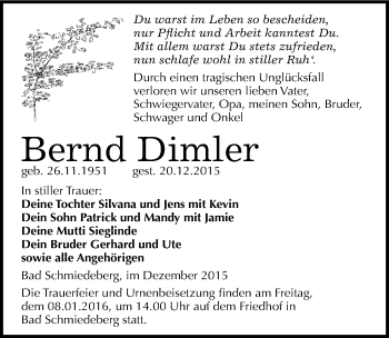 Traueranzeige von Bernd Dimler von Mitteldeutsche Zeitung Wittenberg