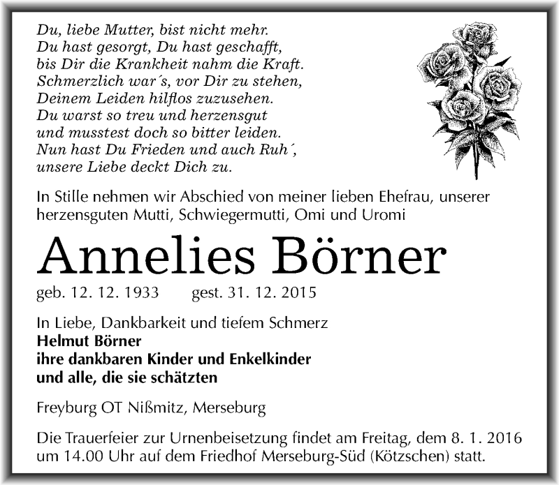  Traueranzeige für Annelies Börner vom 05.01.2016 aus Mitteldeutsche Zeitung Naumburg/Nebra