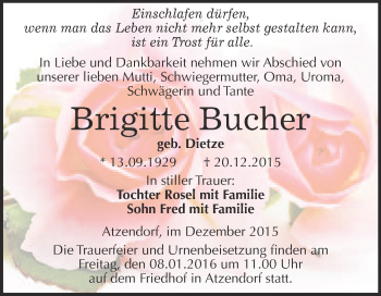 Traueranzeige von Brigitte Bucher von WVG - Wochenspiegel Merseburg