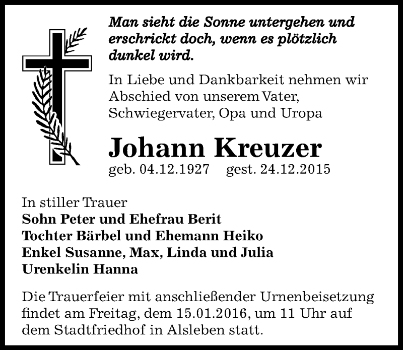 Traueranzeige für Johann Kreuzer vom 05.01.2016 aus Mitteldeutsche Zeitung Bernburg