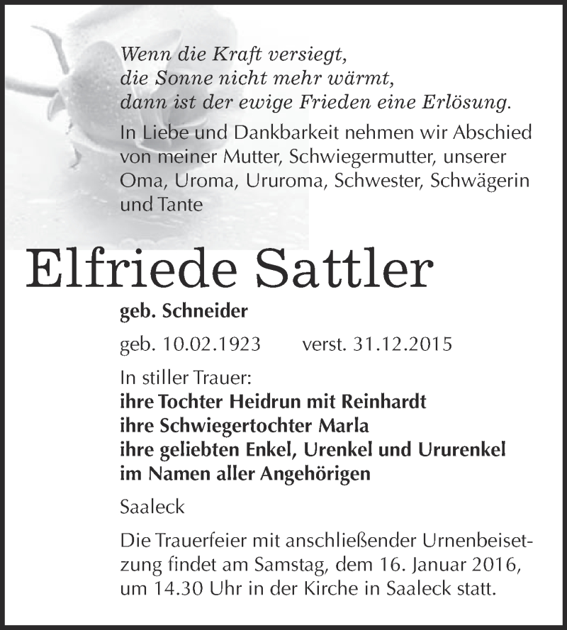  Traueranzeige für Elfriede Sattler vom 13.01.2016 aus WVG - Wochenspiegel NMB / WSF / ZTZ