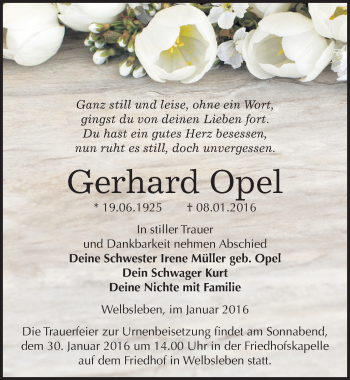 Traueranzeige von Gerhard Opel von Mitteldeutsche Zeitung Mansfelder Land