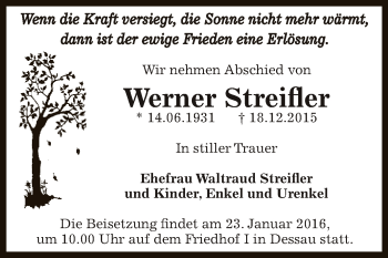 Traueranzeige von Werner Streifler von WVG - Wochenspiegel Dessau / Köthen