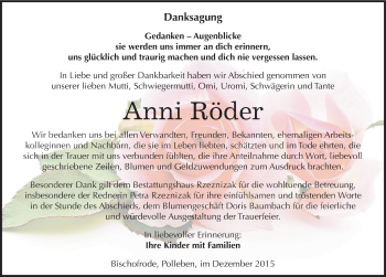Traueranzeige von Anni Röder von Mitteldeutsche Zeitung Mansfelder Land