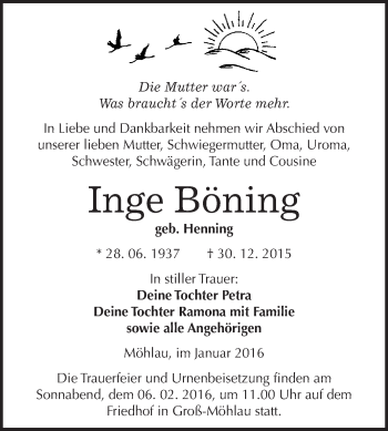 Traueranzeige von Inge Böning von WVG - Wochenspiegel Wittenberg